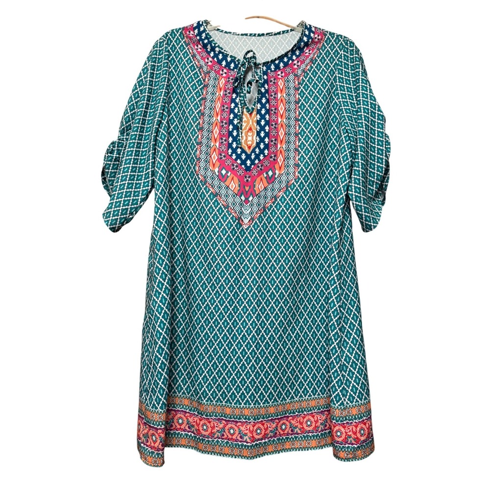 Women's Plus 0X‎ Geometric Bohemian Shift Midi Dress Ruched 3/4 Sleeve Peasant - Picture 4 of 9